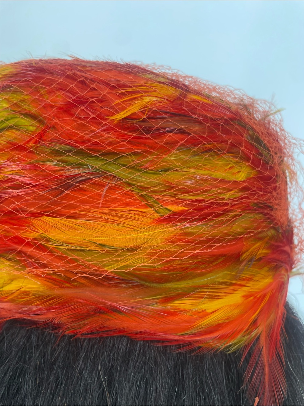60s Mid Century Red Orange Feathered Pillbox Hat w Netting Union Made Wool Base - Picture 7 of 13